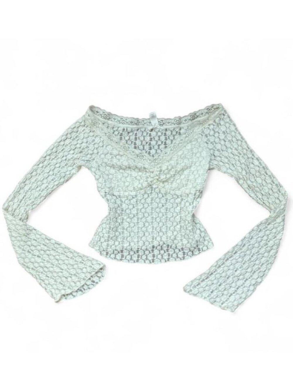 Full Tilt Ivory Lace Sheer Off-the-Shoulder Bell Long Sleeve Blouse Size S